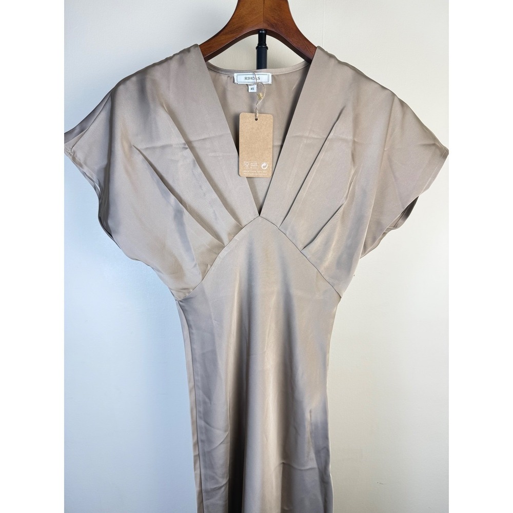 RIHOAS Womens Apricot Satin V Neck A-Line Midi Dress Apricot Relax Fit XS - Picture 7 of 16